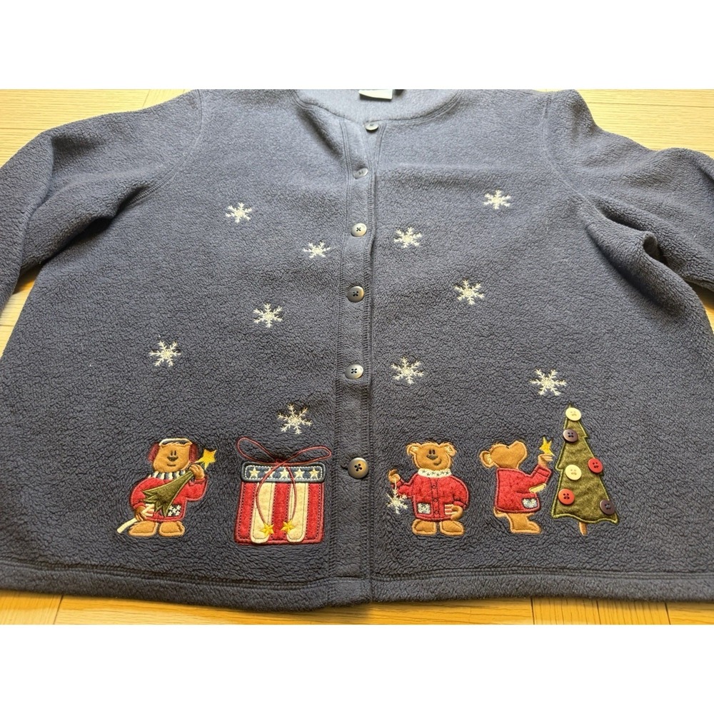 Croft & Barrow Sport Women's Navy Christmas Fleece Button Front Cardigan Bear 2X